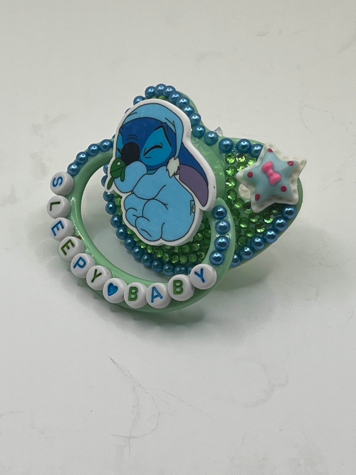 Green Stitch Sleepy Baby Adult Pacifier